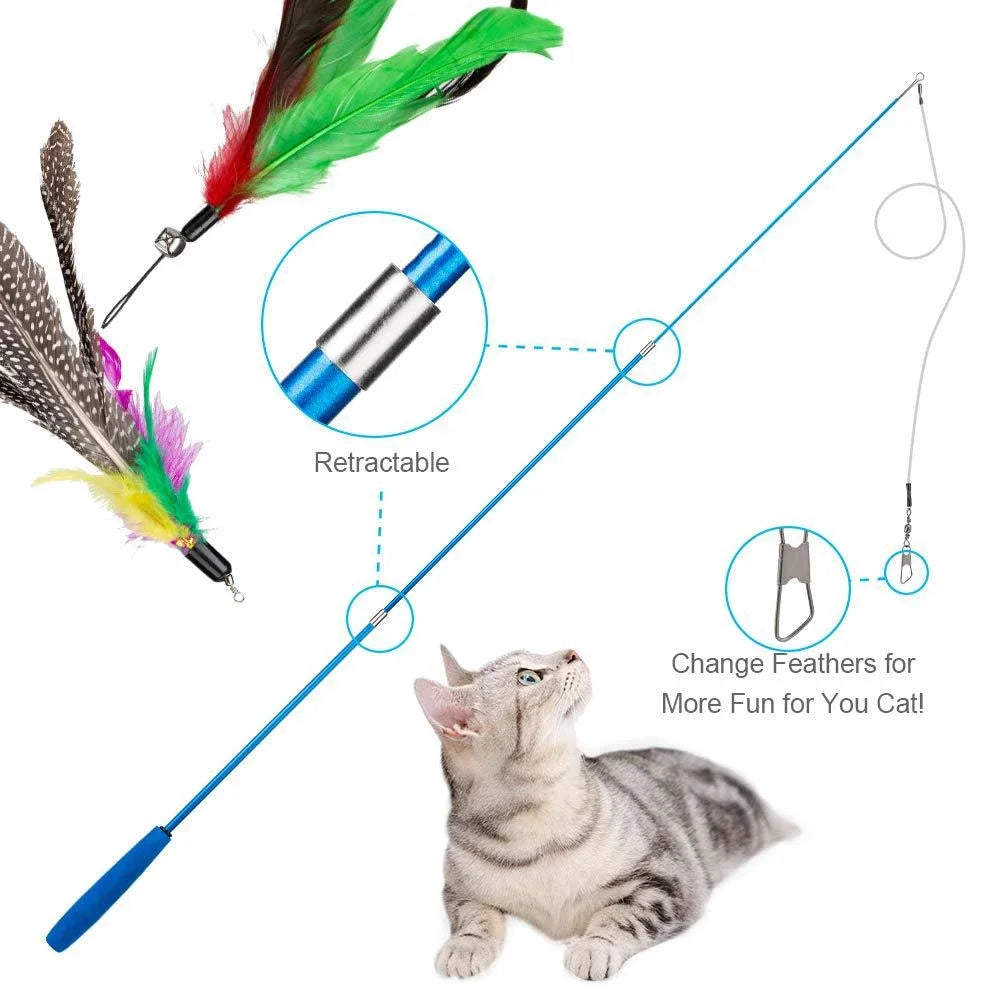 11pc Replacement Cat Feather Toy Set Retractable Cat Wand Replacement Heads