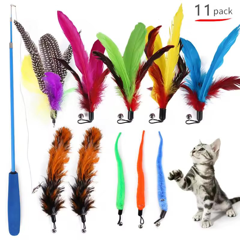 11pc Replacement Cat Feather Toy Set Retractable Cat Wand Replacement Heads