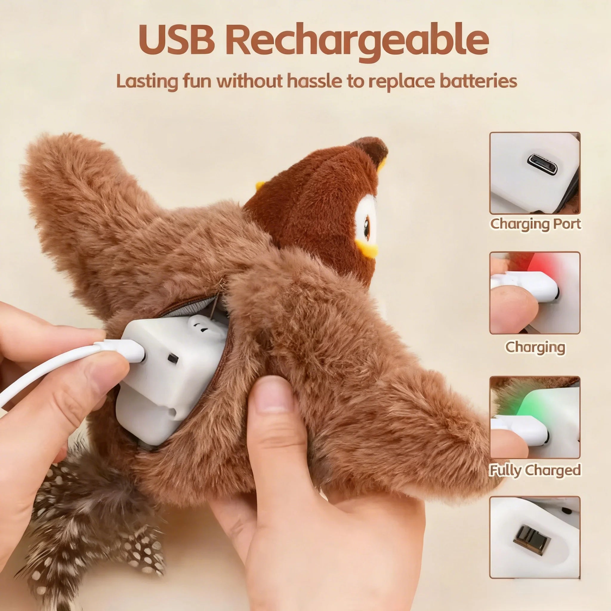 Rechargeable Flapping Bird Cat Toy Touch Activated Chirping Interactive Plush Bird Toy