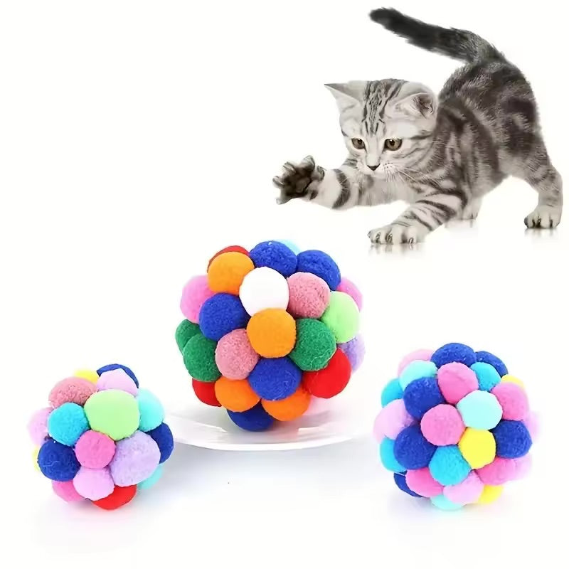 Cat Plush Bell Ball Toy Set Colorful Interactive Play Balls for Cats & Kittens