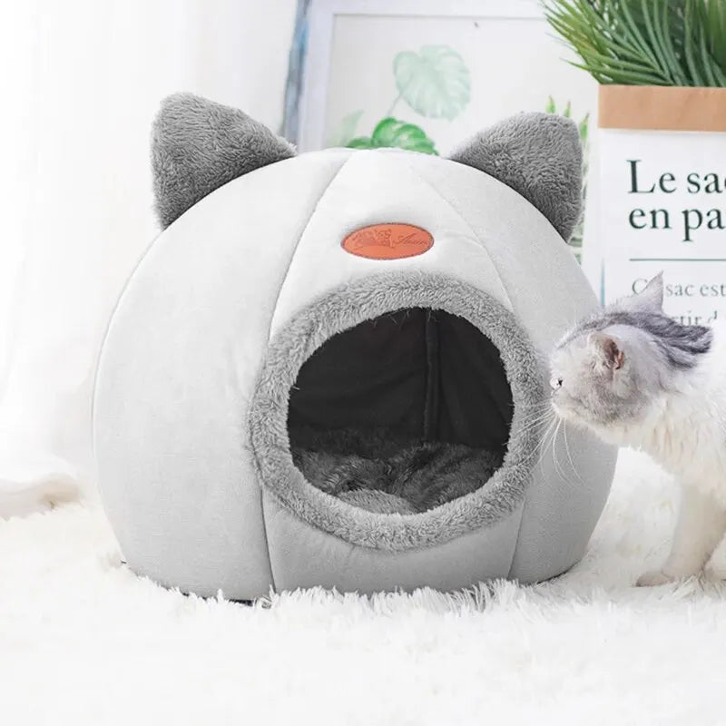 Cute Head Shape Cat Cave House Warm Cozy Semi-Closed Cat Nest for All Seasons
