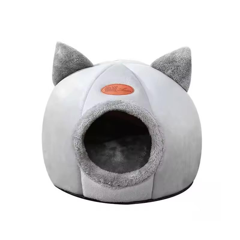 Cute Head Shape Cat Cave House Warm Cozy Semi-Closed Cat Nest for All Seasons