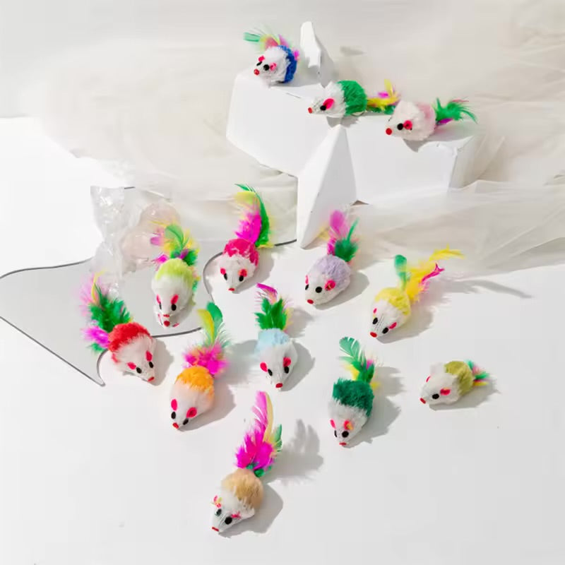 Rabbit Fur Rainbow Mouse Cat Toy Feather Mouse Funny Play Toy for Kittens & Cats