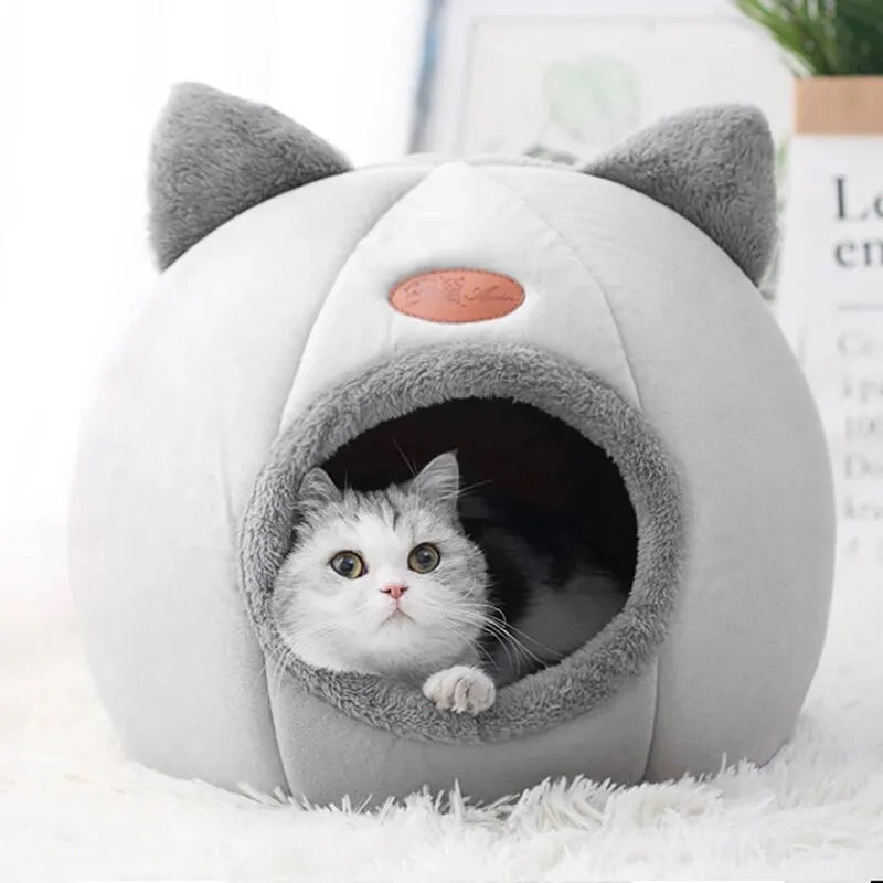 Cute Head Shape Cat Cave House Warm Cozy Semi-Closed Cat Nest for All Seasons