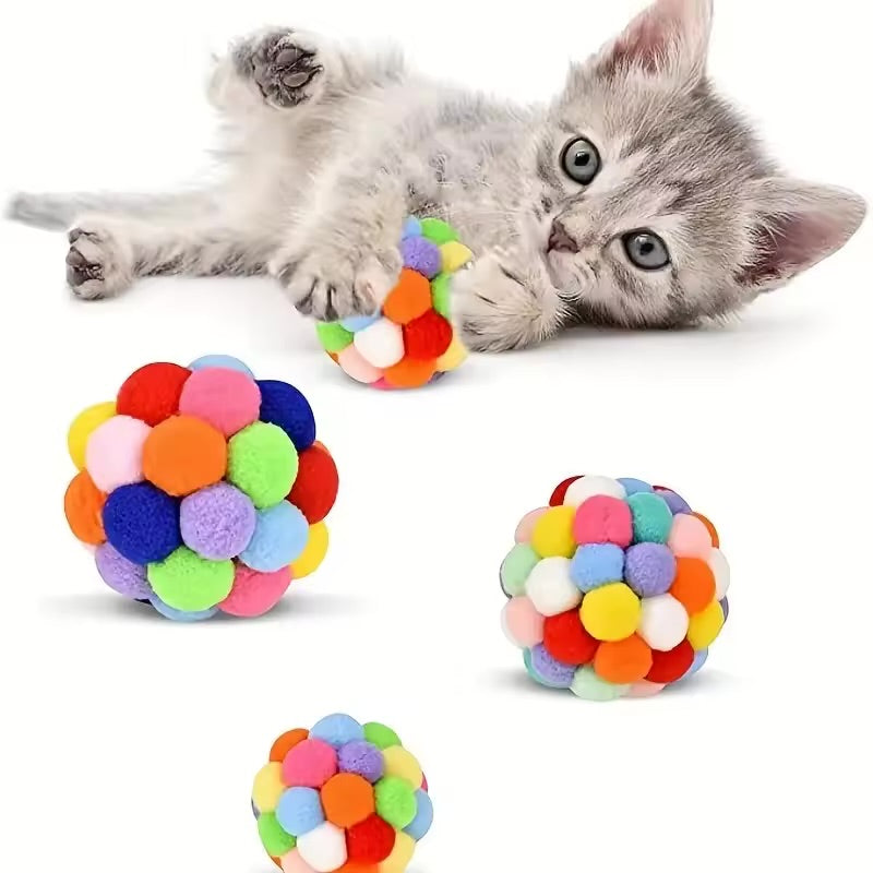Cat Plush Bell Ball Toy Set Colorful Interactive Play Balls for Cats & Kittens