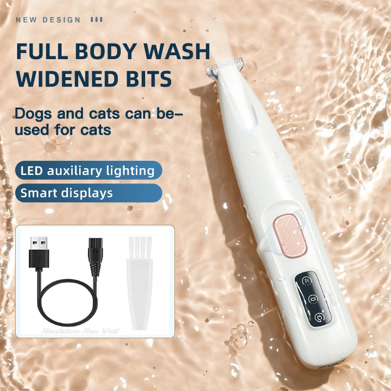 LED Pet Paw Hair Trimmer Waterproof Professional Dog Grooming Clipper with Wide Blade