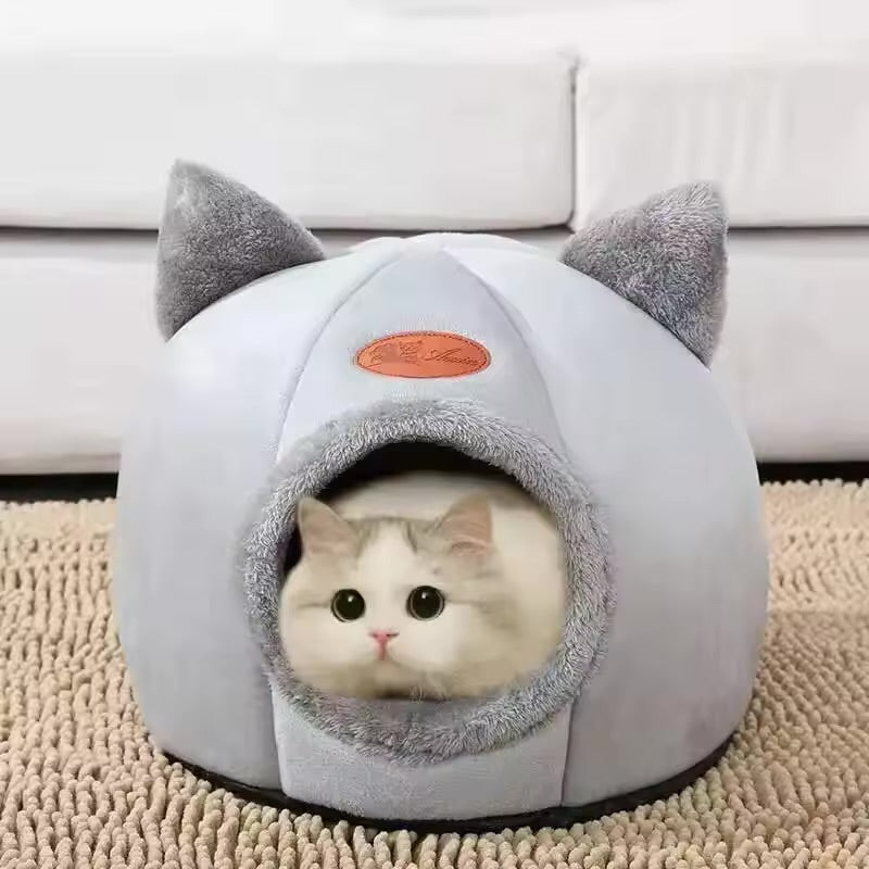 Cute Head Shape Cat Cave House Warm Cozy Semi-Closed Cat Nest for All Seasons