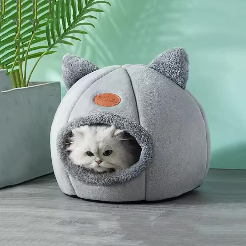 Cute Head Shape Cat Cave House Warm Cozy Semi-Closed Cat Nest for All Seasons
