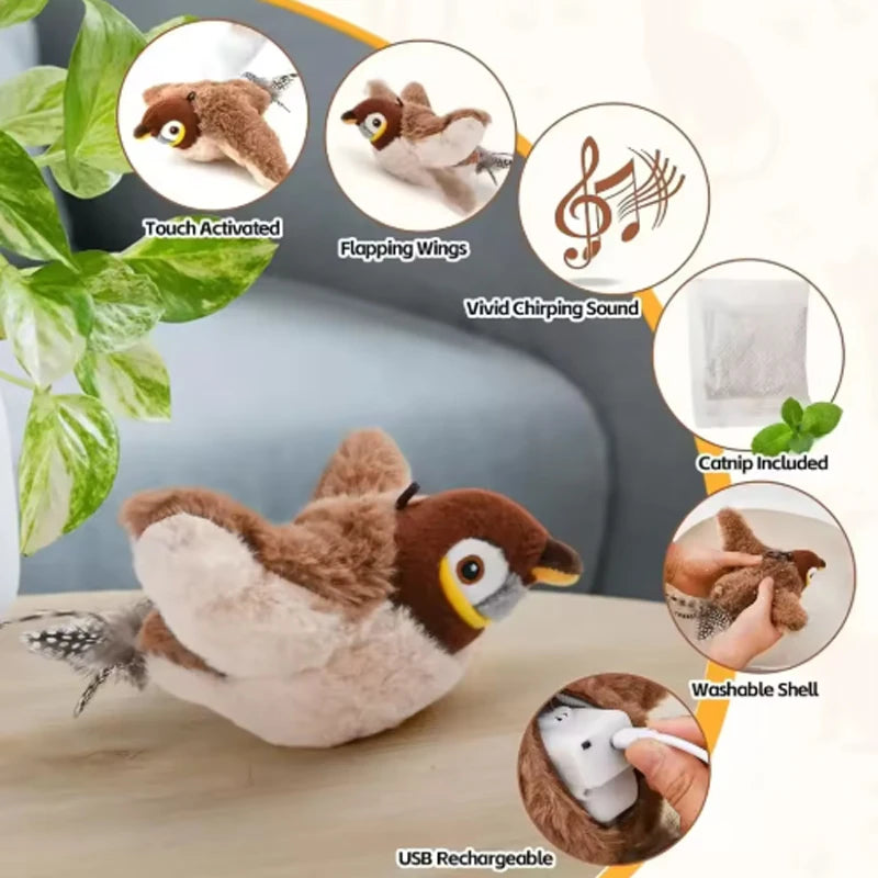 Rechargeable Flapping Bird Cat Toy Touch Activated Chirping Interactive Plush Bird Toy