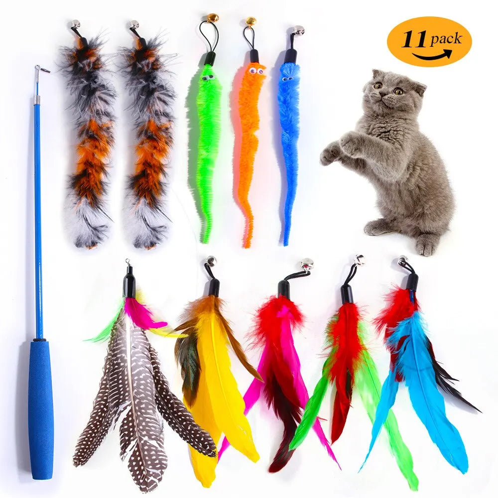 11pc Replacement Cat Feather Toy Set Retractable Cat Wand Replacement Heads