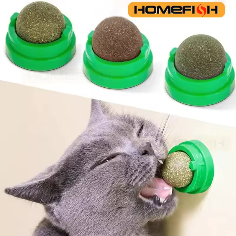 Natural Catnip Wall Ball Toy Stick-On Cat Scratcher & Digestive Health Treat